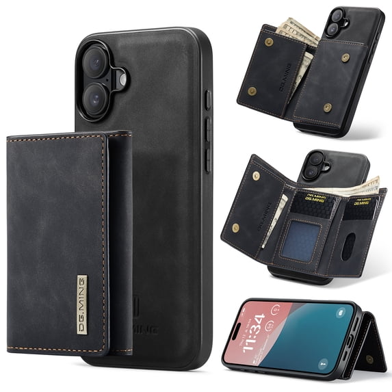 for iPhone 16 PU Leather Wallet Case, Classic Detachable Magnetic Back Card Pockets Shockproof Protective Business Kickstand Phone Case Cover for iPhone 16, Black