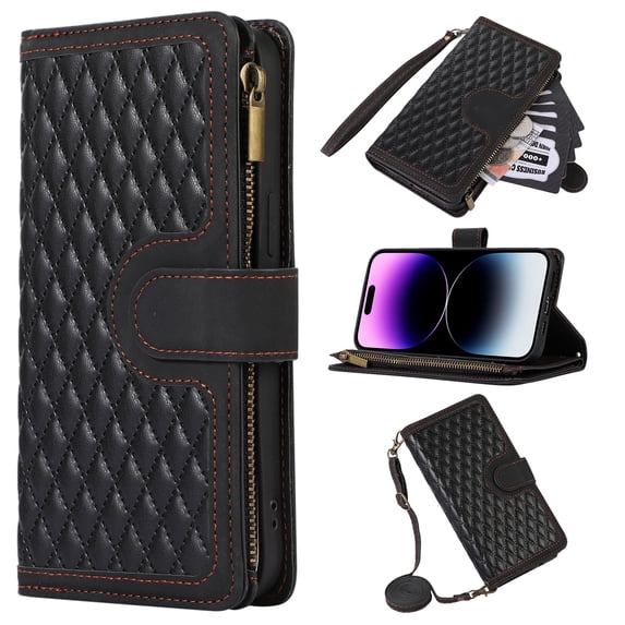 for iPhone 16 PU Leather Wallet Case, Magnetic Closure Kickstand 1 Wrist Strap and 1 Shoulder Strap Card Slots Full Body Protection Zipper Pocket Phone Cover for iPhone 16, Black