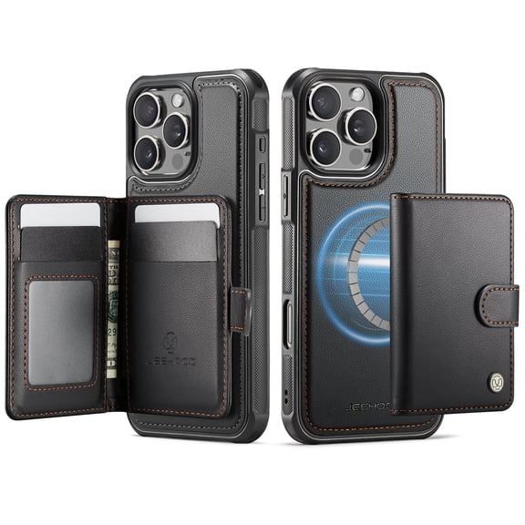 For iPhone 16 Phone Case,2-in-1 Magnetic Removable Card Holder,Compatible With Mag-Safe,PU Leather + TPU + PC Hybrid Shockproof Anti-fall Protection,Durable Phone Case,Black
