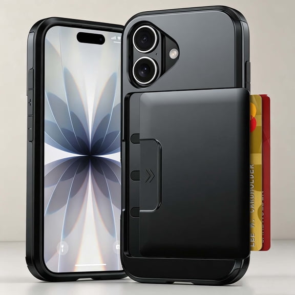 For iPhone 16 Phone Case,2-in-1 PC+TPU Heavy Duty Shcokproof Protection,Dual Layer Hidden Secure Sliding Card Holder,Drop-Proof Skin-Feel Anti-Scratch Rugged Phone Case,Black