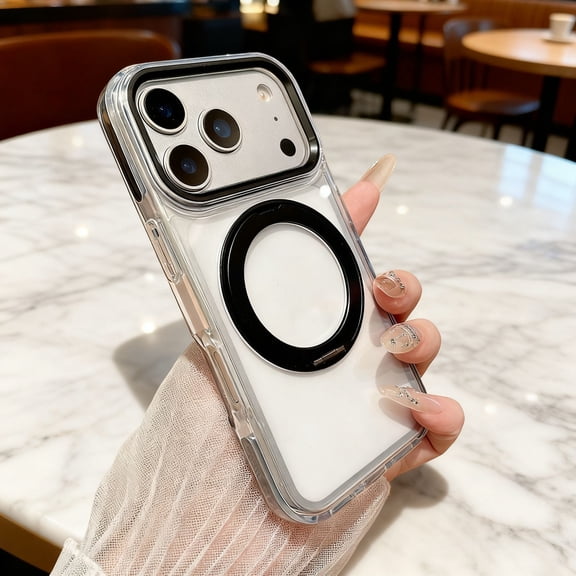 For iPhone 16 Phone Case,360° Rotatable Ring Kickstand,Compatible with Mag-Safe,Crystal Transparent Back Design,Ultra Slim Shockproof Anti-Scratch Drop Protection,Durable Phone Case,Black