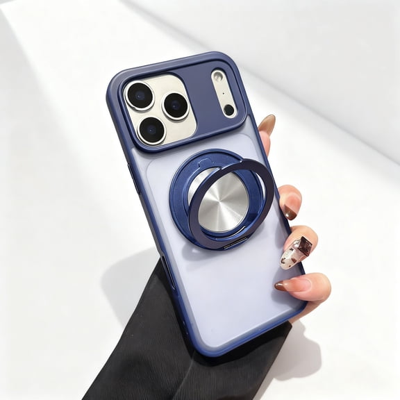 For iPhone 16 Phone Case,360° Rotatable Ring Kickstand,Compatible with Mag-Safe,PC + TPU Hybrid Protection,Matte Skin-feel Anti-fingerprint Translucent Back,Shockproof Phone Case,Blue