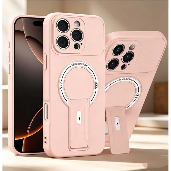 For iPhone 16 Phone Case,Adjustable Foldable Invisible Kickstand,Compatible with Mag-Safe,PC + TPU Hybrid Shockproof Anti-fall Heavy Duty Drop Protection,Thin Phone Case,Pink