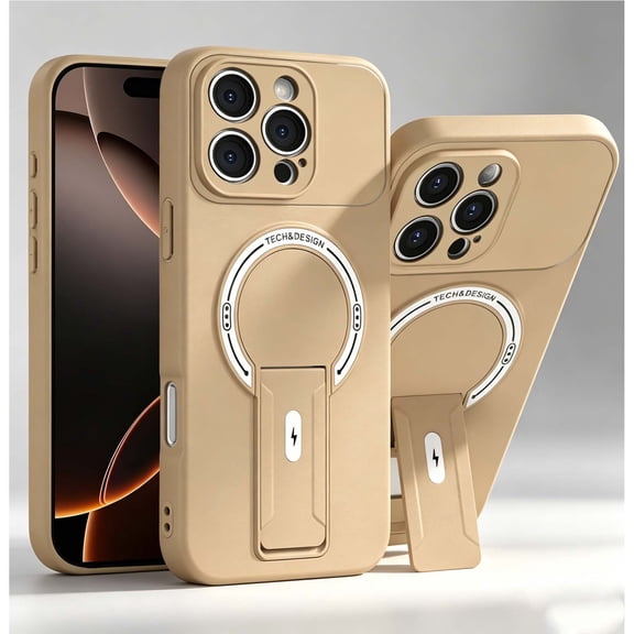 For iPhone 16 Phone Case,Adjustable Foldable Invisible Kickstand,Compatible with Mag-Safe,PC + TPU Hybrid Shockproof Anti-fall Heavy Duty Drop Protection,Thin Phone Case,Brown