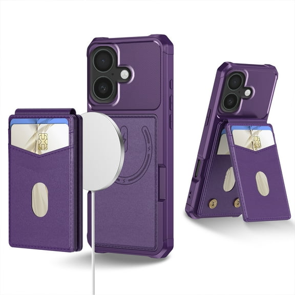 for iPhone 16 Phone Case Card Holder with Compatible with MagSafe Magnetic RFID Blocking PU Leather Flip Kickstand Detachable 2-in-1 Wallet Case For iPhone 16,Purple