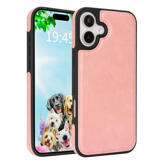 For iPhone 16 Phone Case,Compatible with Mag-Safe,Anti-Scratch PU Leather Back,Soft TPU Bumper,Ultra Slim Shockproof Ant-fall Protection Rugged Thin Fit Phone Case Cover,Pink