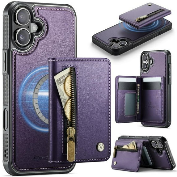 For iPhone 16 Phone Case Compatible With MagSafe 2 In 1 Wallet With Card Holder &Zipper Cash Pocket,PU Leather Case,RFID Blocking, Kickstand Magnetic Protective Women Men Cover,Purple,For iPhone 16