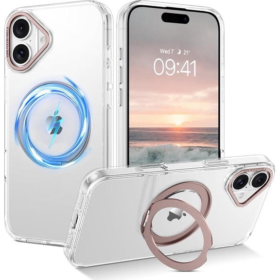 for iPhone 16 Phone Case Compatible with MagSafe [Built-in 360°Rotatable Magnetic Ring Holder] Transparent Shockproof Protective Kickstand Phone Case for iPhone 16 6.1'', Clear/Desert Titanium