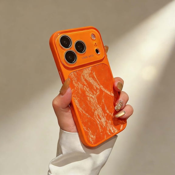 For iPhone 16 Phone Case,Compatible With Wireless Charging,Built-in Camera Lens Protector,Glossy Snow Mountain Pattern Back Design,Shockproof Anti-fall Durable Phone Case,Orange