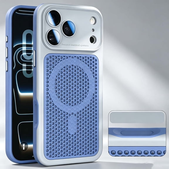 For iPhone 16 Phone Case,Compatible with Wireless Charging,Honeycomb Porous Back Design,Heat Dissipation Mesh Breathable Cover,Shockproof Two-color Non-Slip Phone Case Cover,Gray