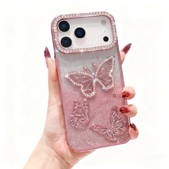For iPhone 16 Phone Case,For Women Girls,Cute Luxury Sparkle Glitter Diamond Crystal Rhinestone Protective,Bling Diamond Butterfly,Ultra Slim Shockproof Drop Protection Phone Case,Pink