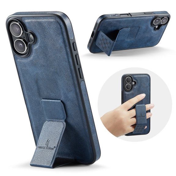 for iPhone 16 Phone Case, Vintage Magnetic Finger Hand Wrist Strap Kickstand Shockproof Protective PU Leather Thin Fit Anti-Scratch Cover Compatible with iPhone 16, Blue