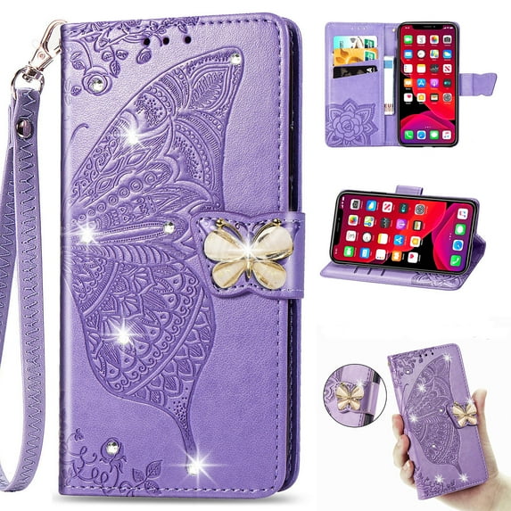 for iPhone 16 Phone Case Wallet, Women Flip Folio Cover with Credit Card Holders Diamond Emboss Butterfly Flower PU Leather Purse Wrist Strap Kickstand Case for iPhone 16, Lightpurple