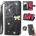thumbnail image 1 of for iPhone 16 Phone Case Wallet, Women Flip Folio Cover with Credit Card Holders Diamond Emboss Butterfly Flower PU Leather Purse Wrist Strap Kickstand Case for iPhone 16, Black, 1 of 8