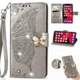 thumbnail image 1 of for iPhone 16 Phone Case Wallet, Women Flip Folio Cover with Credit Card Holders Diamond Emboss Butterfly Flower PU Leather Purse Wrist Strap Kickstand Case for iPhone 16, Gray, 1 of 7