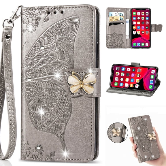for iPhone 16 Phone Case Wallet, Women Flip Folio Cover with Credit Card Holders Diamond Emboss Butterfly Flower PU Leather Purse Wrist Strap Kickstand Case for iPhone 16, Gray