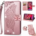 thumbnail image 1 of for iPhone 16 Phone Case Wallet, Women Flip Folio Cover with Credit Card Holders Diamond Emboss Butterfly Flower PU Leather Purse Wrist Strap Kickstand Case for iPhone 16, Rosegold, 1 of 8