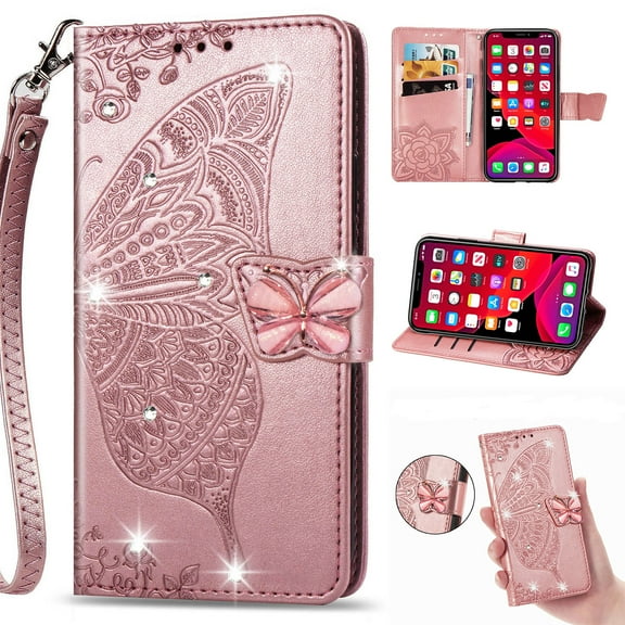 for iPhone 16 Phone Case Wallet, Women Flip Folio Cover with Credit Card Holders Diamond Emboss Butterfly Flower PU Leather Purse Wrist Strap Kickstand Case for iPhone 16, Rosegold