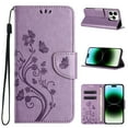 thumbnail image 1 of for iPhone 16 Phone Case Wallet,Women Flip Folio Kickstand Cover with Credit Card Holders Emboss Butterfly Flower PU Leather Purse Wrist Strap Shockproof Case for iPhone 16,Lightpurple, 1 of 9