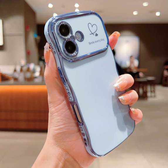 For iPhone 16 Phone Case,Wavy Frame Designing,Love Heart Pattern,Luxury Plating Shockproof Anti-fall Soft TPU Ultra Slim Thin Fit Cute Electroplated Phone Case Cover,Blue