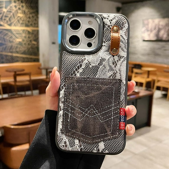 For iPhone 16 Phone Case,White Lace On Denim Pocket Jeans PU Leather Design,Military Grade Protection,Shockproof Rugged Scratch-resistant Ultra Slim Thin Fit Phoen Case,Black