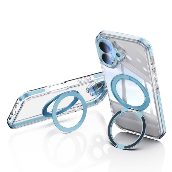 For iPhone 16 Phone Case,Wite 360° Rotatable Ring Kickstand,Built-in Lens Protector,Compatible with Mag-Safe,Transparent Back,Shockproof Anti-fall Rugged Thin Fit Phone Case,Blue