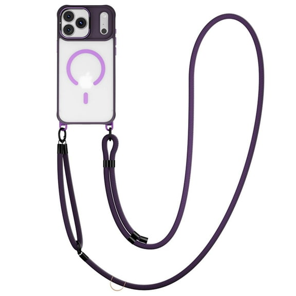 For iPhone 16 Phone Case,With Contractile Lens Ring Kickstand,Anti-fingerprint Matte Translucent Back,With Detachable 8mm Lanyard,Fit For Mag-Safe,Shockproof Anti-fall Phone Case,Purple