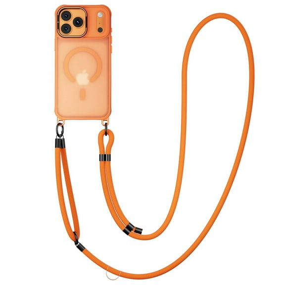 For iPhone 16 Phone Case,With Contractile Lens Ring Kickstand,Anti-fingerprint Matte Translucent Back,With Detachable 8mm Lanyard,Fit For Mag-Safe,Shockproof Anti-fall Phone Case,Orange