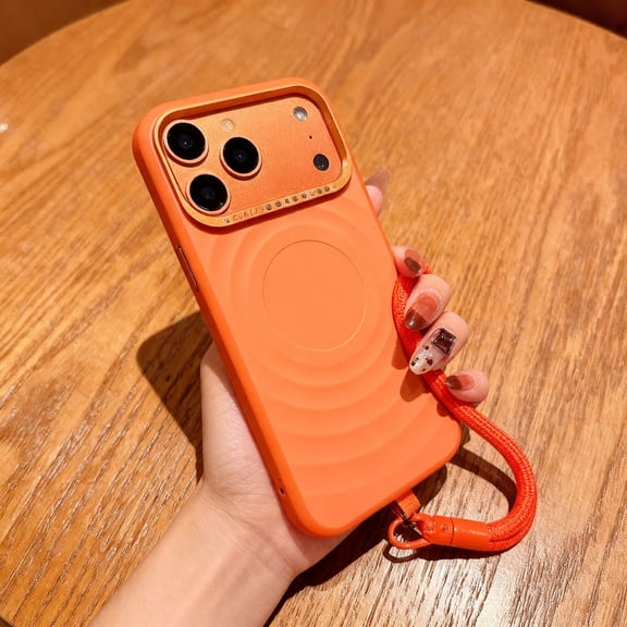 For iPhone 16 Phone Case,With Detachable Lanyard,Compatible with Mag-Safe,Ripple Pattern Back,Diamond Camera Ring Design,Shockproof Anto-fall Drop Protection Phone Case,Orange