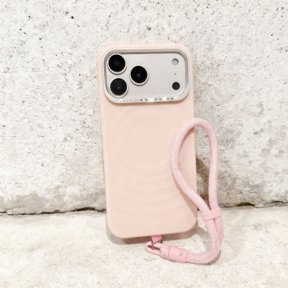 For iPhone 16 Phone Case,With Detachable Wrist Strap,Luxury Diamond Lens Camera Ring Design,Ripple Pattern Back,Ultra Slim Shockproof Anti-fall Drop Protection,Thin Phone Case,Lightpink