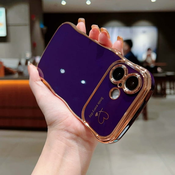 For iPhone 16 Phone Case for Women Girls,Double Love Hearts Print Designing,Wavy Frame Curly Shape,Shockproof TPU Luxury Electroplated Anti-fall Protective Phone Case Cover,Darkpurple