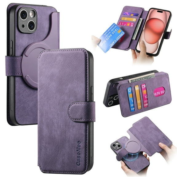For iPhone 16 Phone Cover Detachable Magnetic Front Case Hard PC Back Case Stand Feature Card Pocket & Credit Slot Shock-Absorbent Dustproof Wallet Phone Case for Men or Women, Purple