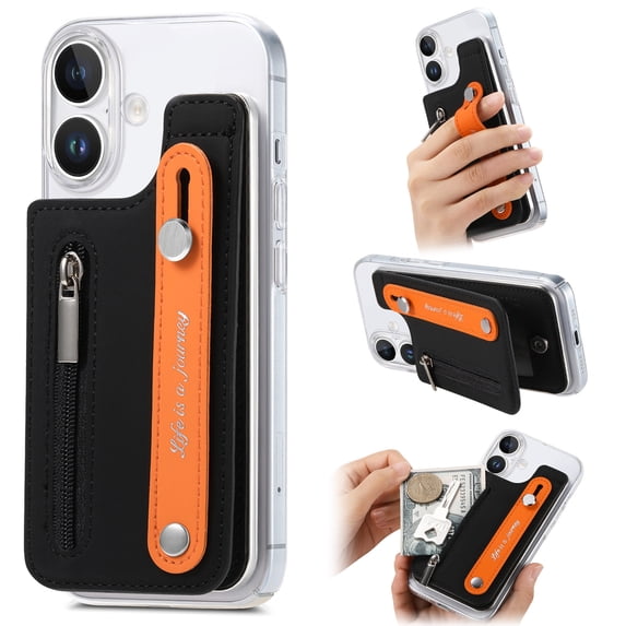 for iPhone 16 Plus Back Wallet Case with Card Holder Zipper Pocket, Wristband Flip Kickstand, RFID Blocking Secure Hand Grip PU Leather Shockproof Clear Phone Cover for iPhone 16 Plus, Black
