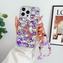 for iPhone 16 Plus Bling Rhinestone Case with Wrist Lanyard, Cute Luxury 3D Diamond Butterfly Floral Shinny Sparkle Women Girl Strap Bumper Cover for Apple iPhone 16 Plus, Purple