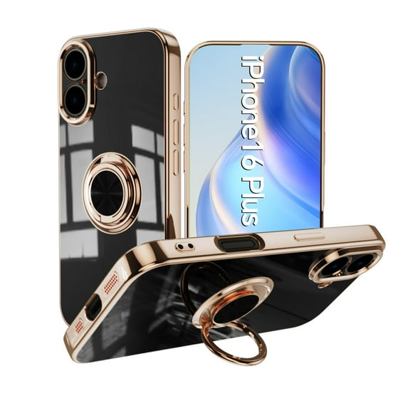 for iPhone 16 Plus Case, Built-in 360° Rotation Ring Holder Kickstand, Luxury Shiny Plating Edge Shockproof Electroplated Slim Protective Phone Cover for iPhone 16 Plus, Black