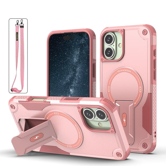 for iPhone 16 Plus Case, Built-in Kickstand, Compatible with Magsafe, Luxury Military-Grade Armor Shockproof Drop Protective Rugged Hybrid Cover with Shoulder Strap for iPhone 16 Plus - Pink
