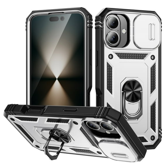 for iPhone 16 Plus Case with Camera Cover, 360° Rotate Ring Stand Impact-Resistant Shockproof Protective Bumper Car Mount Magnetic Armor Military Drop Protection Heavy Duty Case, White+Black