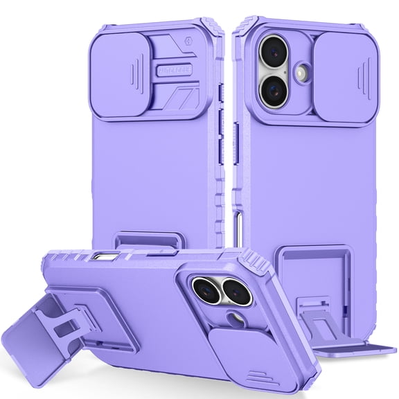 for iPhone 16 Plus Case with Camera Lens Slide Protection, Armour Silicone TPU Bumper Tough PC Cover with Kickstand, Military Shockproof Absorption Protective Case for iPhone 16 Plus,
Purple