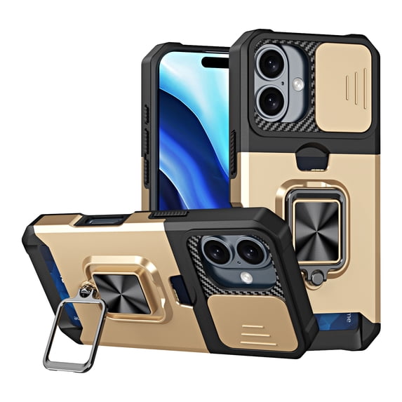 For iPhone 16 Plus Case with Card Holder & 360° Magnetic Ring Stand Heavy Duty Camera Lens Slide Dual Layer Shockproof Hidden Card Slot Slim Wallet Phone Case Cover for Women Men,Gold