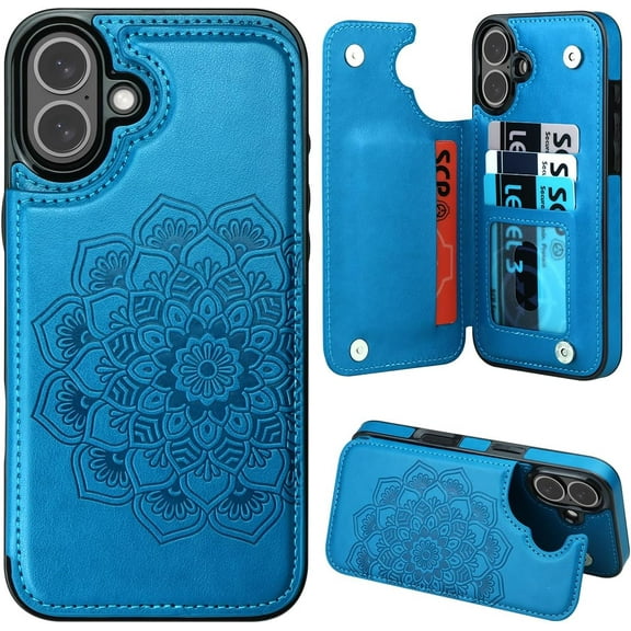 for iPhone 16 Plus Case with Card Holder, Flower Magnetic Clasp Flip Case for iPhone 16 Plus Wallet Case for Women, Protective Case Phone Case for iPhone 16 Plus (6.7 Inch),Blue