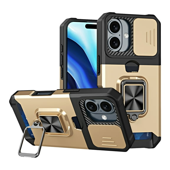 for iPhone 16 Plus Case with Card Holder Ring Kickstand Slide Camera Cover iPhone 16 Plus Case Heavy Duty Protection Shockproof Rugged for iPhone 16 Plus Phone Cover, Gold