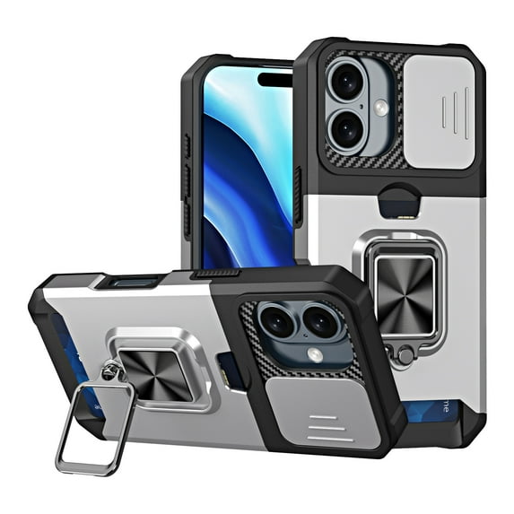 for iPhone 16 Plus Case with Card Holder Ring Kickstand Slide Camera Cover iPhone 16 Plus Case Heavy Duty Protection Shockproof Rugged for iPhone 16 Plus Phone Cover, Silver
