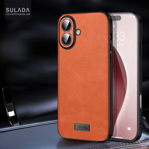 for iPhone 16 Plus Case, Classic Business PU Leather Durable Minimalist Ultra Thin Slim Cover Drop Protective Phone Case Cover Compatible with iPhone 16 Plus, Orange