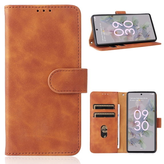 for iPhone 16 Plus Case, Classic PU Leather Magnetic Shockproof Protective Stand Flip Wallet Case Cover with Card Holder for iPhone 16 Plus Phone Case, Brown