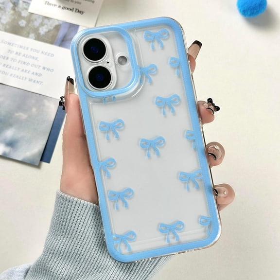 for iPhone 16 Plus Case, Clear Cute Bows Ribbon Bowknot Aesthetic Pattern for Women Girls, Transparent Full Camera Protection Slim Soft TPU Protective Cover - Blue