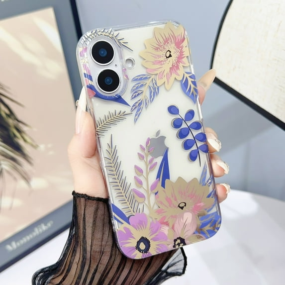 for iPhone 16 Plus Case Clear Flower Floral Women Girl Cute Phone Case Aesthetic Soft Slim Black Shockproof Protective Cover for iPhone 16 Plus Crystal Colorful Floral,Purple Leaf