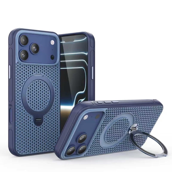 For iPhone 16 Plus Case Compatible with MagSafe, Breathable Cooling Mesh Protective Phone Cover with Integrated Metal Ring Kickstand, Heavy Duty Shockproof Hard Shell Skin,Dark Blue
