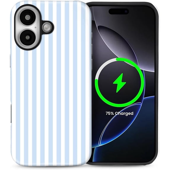 for iPhone 16 Plus Case,Compatible with MagSafe,Cute Striped Phone Case Shockproof Soft TPU and Hard PC Protective Phone Cover for Women Girls,Blue White Stripes
