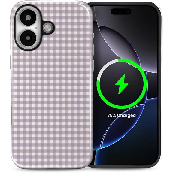 for iPhone 16 Plus Case, Compatible with MagSafe, Dual-Layer Hard Shell, Silicone Cover, Full Body Protection Shockproof Case for iPhone 16 Plus-Purple Gingham Retro Checkered