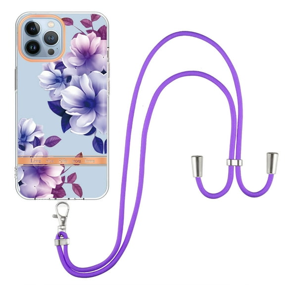For iPhone 16 Plus Case with Crossbody Lanyard, Cute Flower Patterned Shockproof Cover with Hybrid Soft Crystal TPU Bumper, Adjustable Shoulder Neck Girls Women For iPhone 16 Plus,Purple Begonia